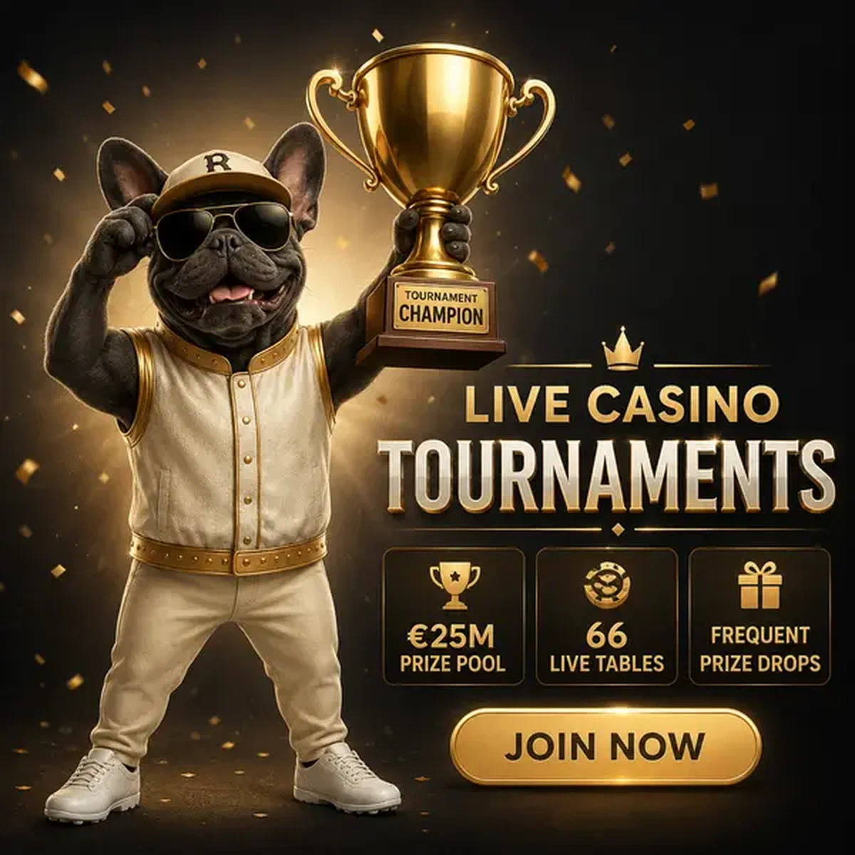 Bulldog francés campeón sosteniendo trofeo dorado en torneos de casino en vivo de Baxter Bet