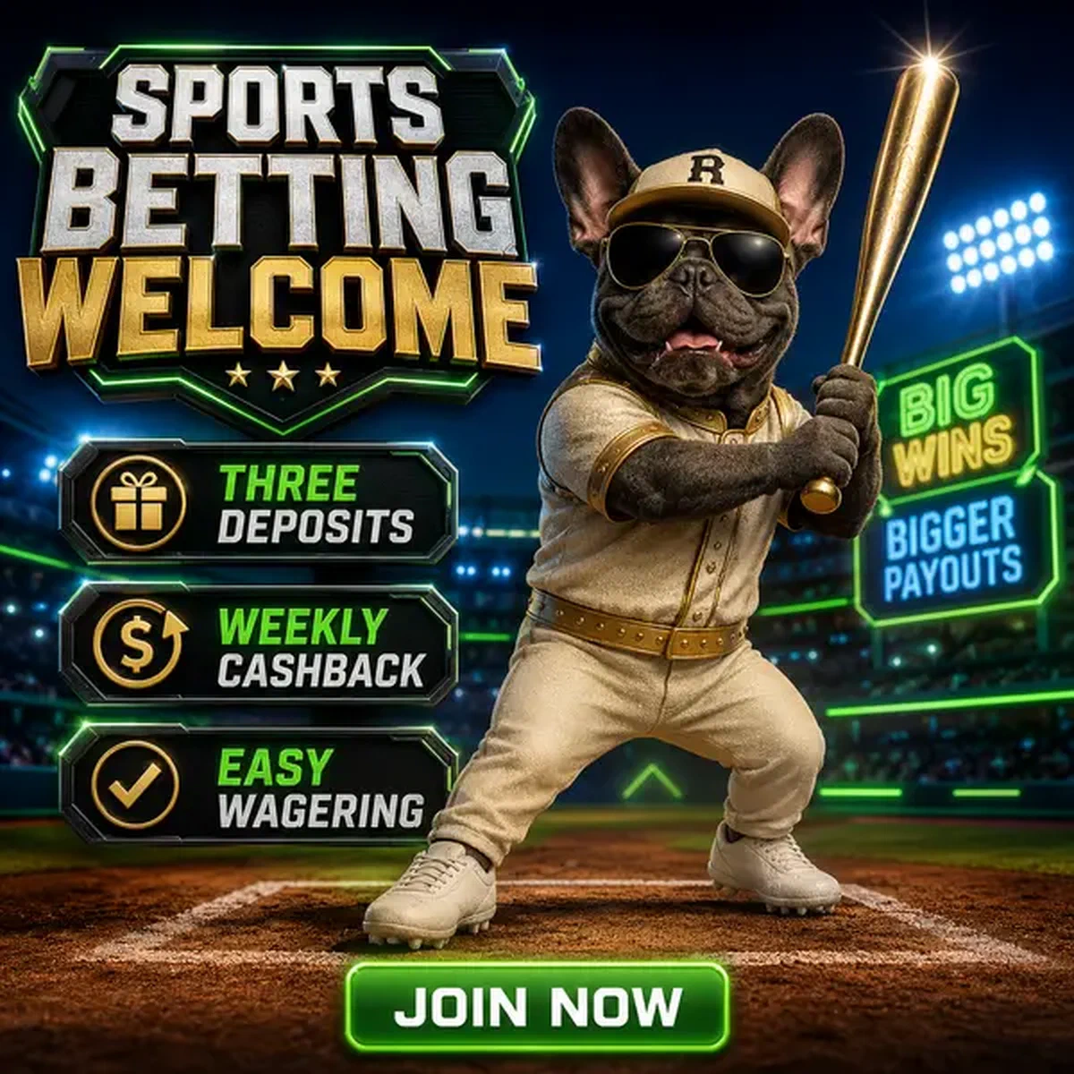 Mascota bulldog francés lista para la acción de apuestas deportivas en Baxter Bet con bate dorado