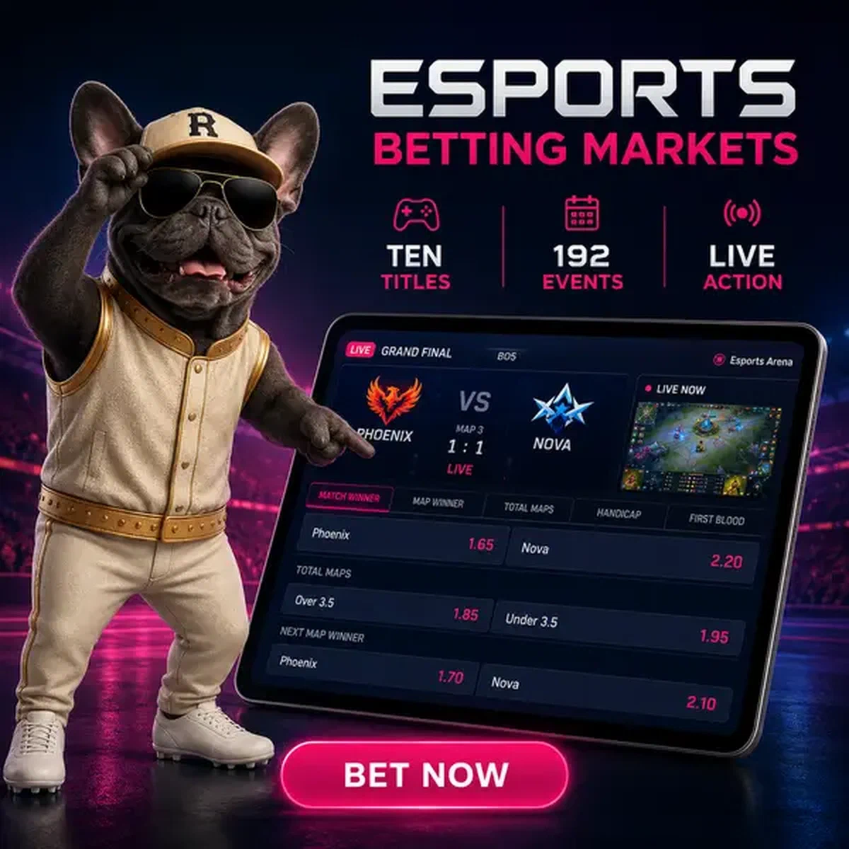 El Slugger señalando mercados de apuestas esports en tablet en Season-Long Baxter Bet