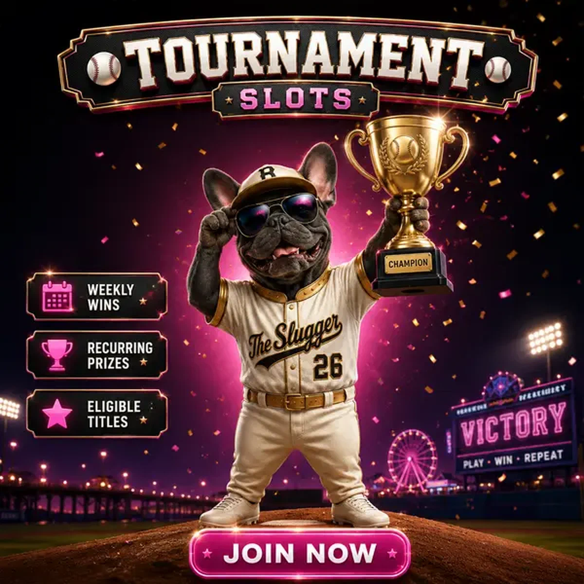 El Slugger sostiene el trofeo del torneo en alto en la celebración de victoria de tragaperras de Baxter Bet