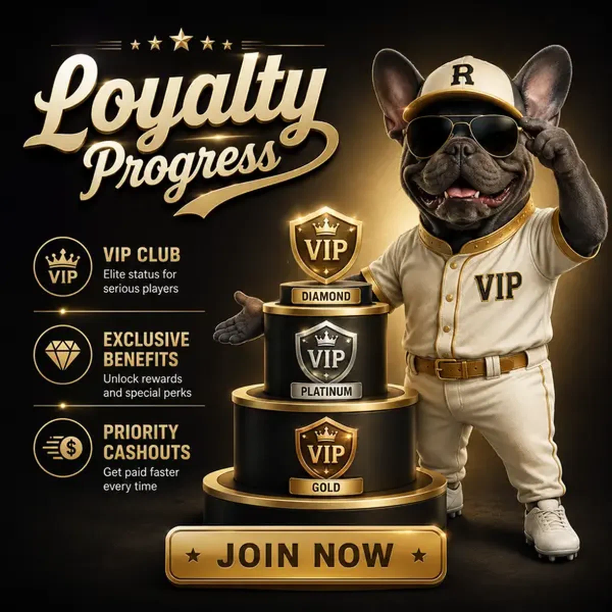 Bulldog francés en uniforme de béisbol presentando insignias de nivel VIP en el portal de login de Baxter Bet