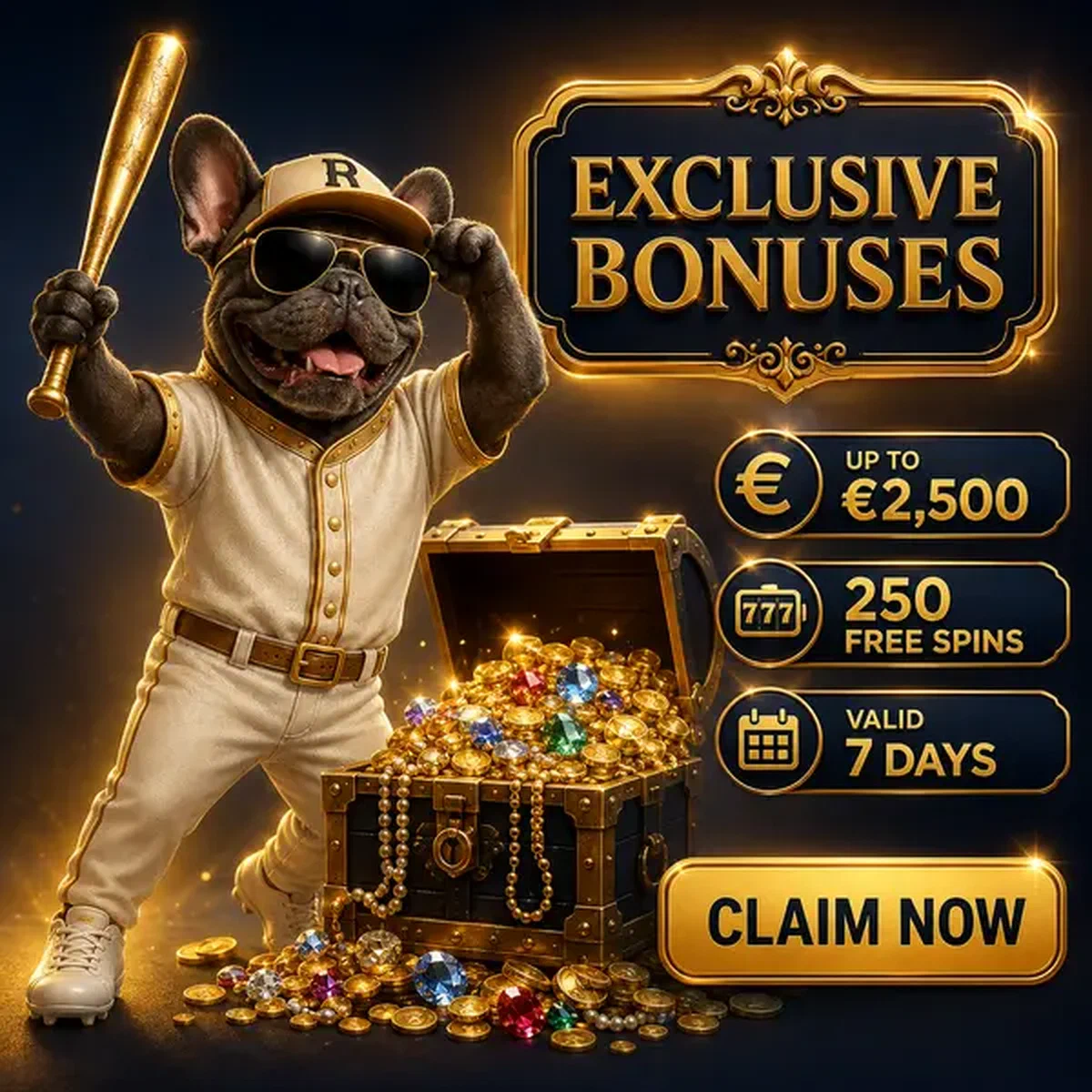 The Slugger celebrando victoria masiva de bono Baxter Bet con cofre del tesoro de monedas de oro
