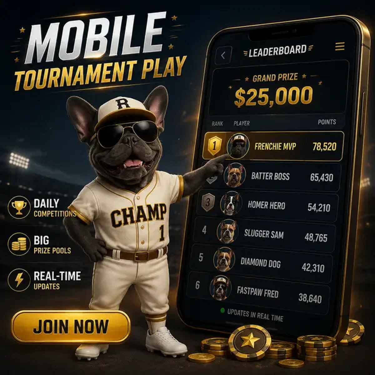 Bulldog francés en uniforme de béisbol señalando la tabla de clasificación de torneos móviles en la app Mobile Tournament Play