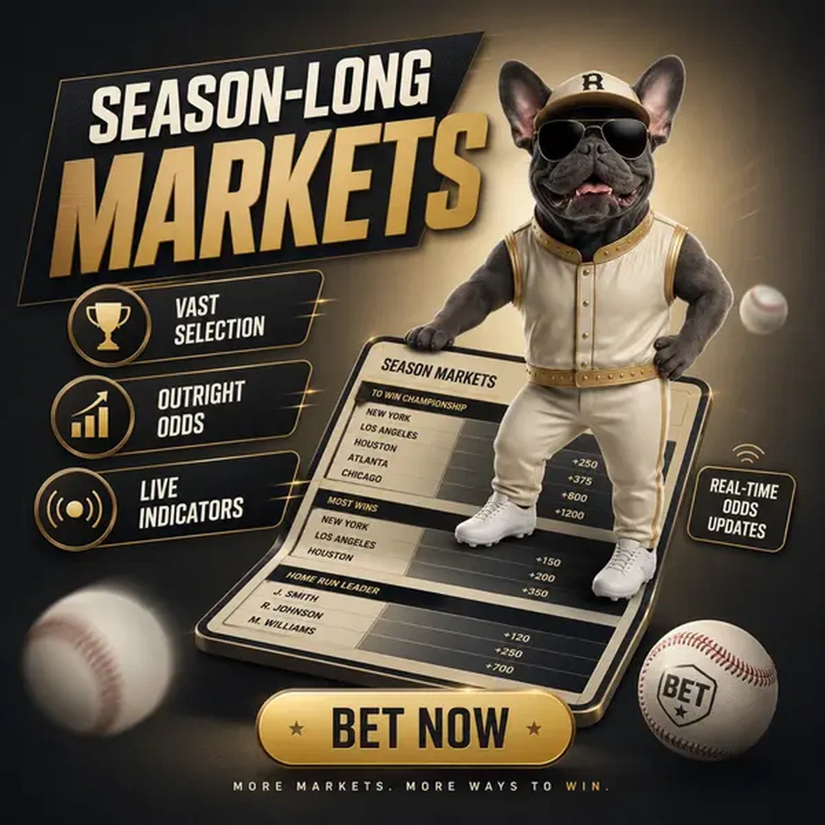 Bulldog francés con gafas de aviador mostrando mercados de temporada completa y plataforma de apuestas directas