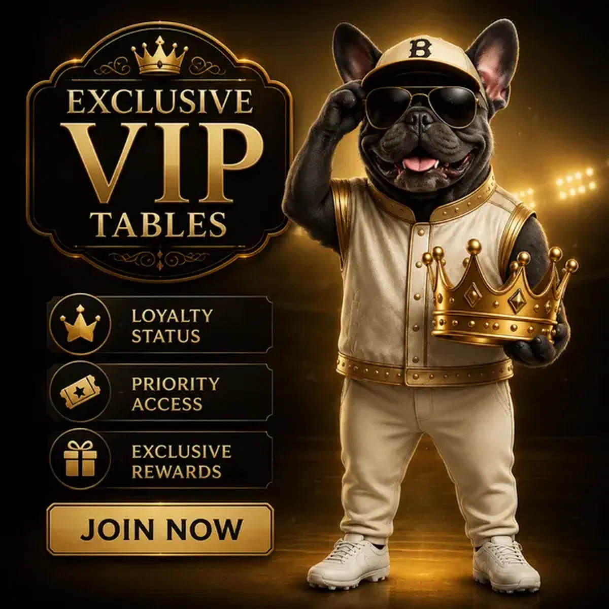Bulldog francés en uniforme crema sosteniendo corona dorada en Acceso VIP en Vivo y Mesas Exclusivas de Baxter Bet casino en vivo