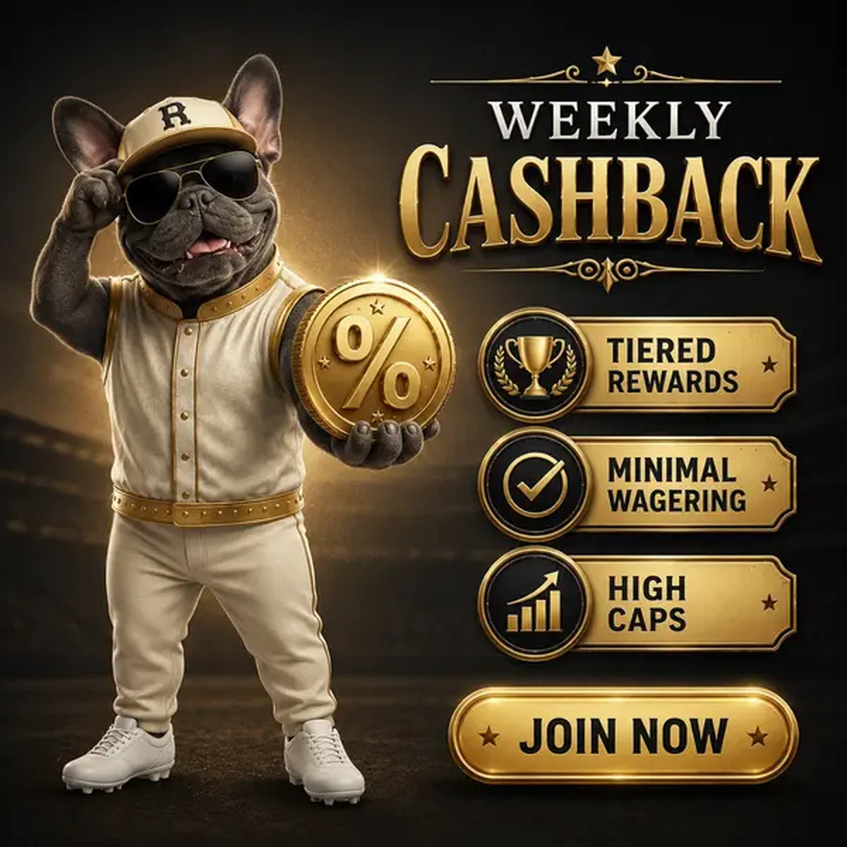 Bulldog francés con atuendo de béisbol mostrando orgullosamente emblema de porcentaje dorado en el hub de esports semanal de Baxter Bet