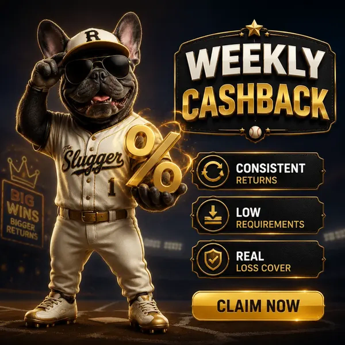 Bulldog francés en uniforme de béisbol presentando emblema de porcentaje dorado para cashback semanal en lugar de juego