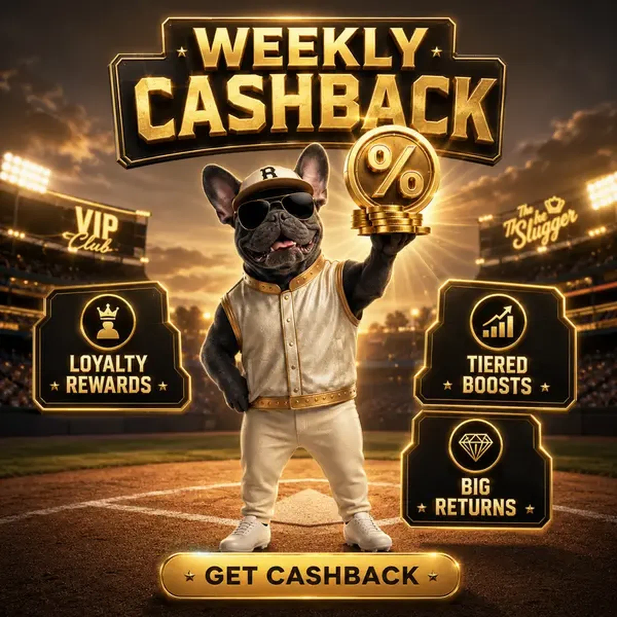 Bulldog francés presentando emblema dorado de porcentaje en sala de tragaperras con recompensas de cashback semanal