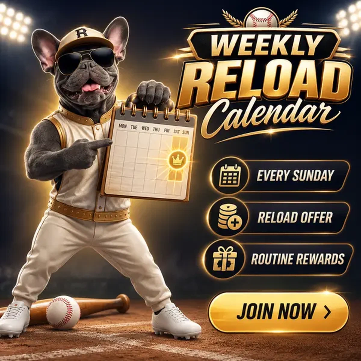 Bulldog francés caballero mostrando calendario de recarga semanal en Calendario de Recarga Semanal y Recompensas Recurrentes al registrarse