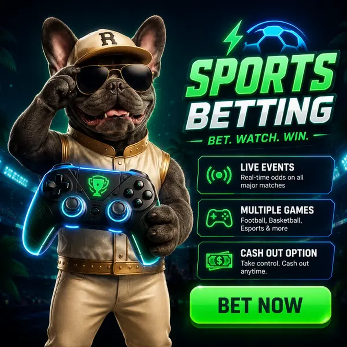 Bulldog francés caballero sosteniendo controlador de juego brillante en arena de esports de Baxter Bet Sports Betting
