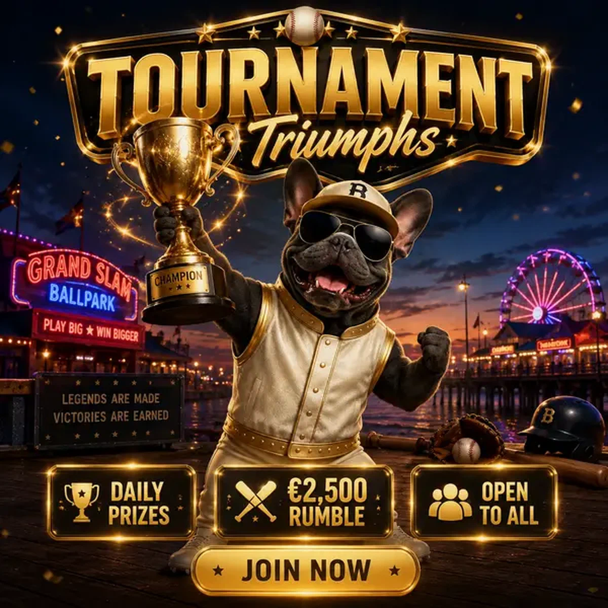Bulldog francés campeón levantando trofeo dorado en celebración de torneo de Bonos de Baxter Bet